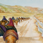 caravan, horses, watercolor